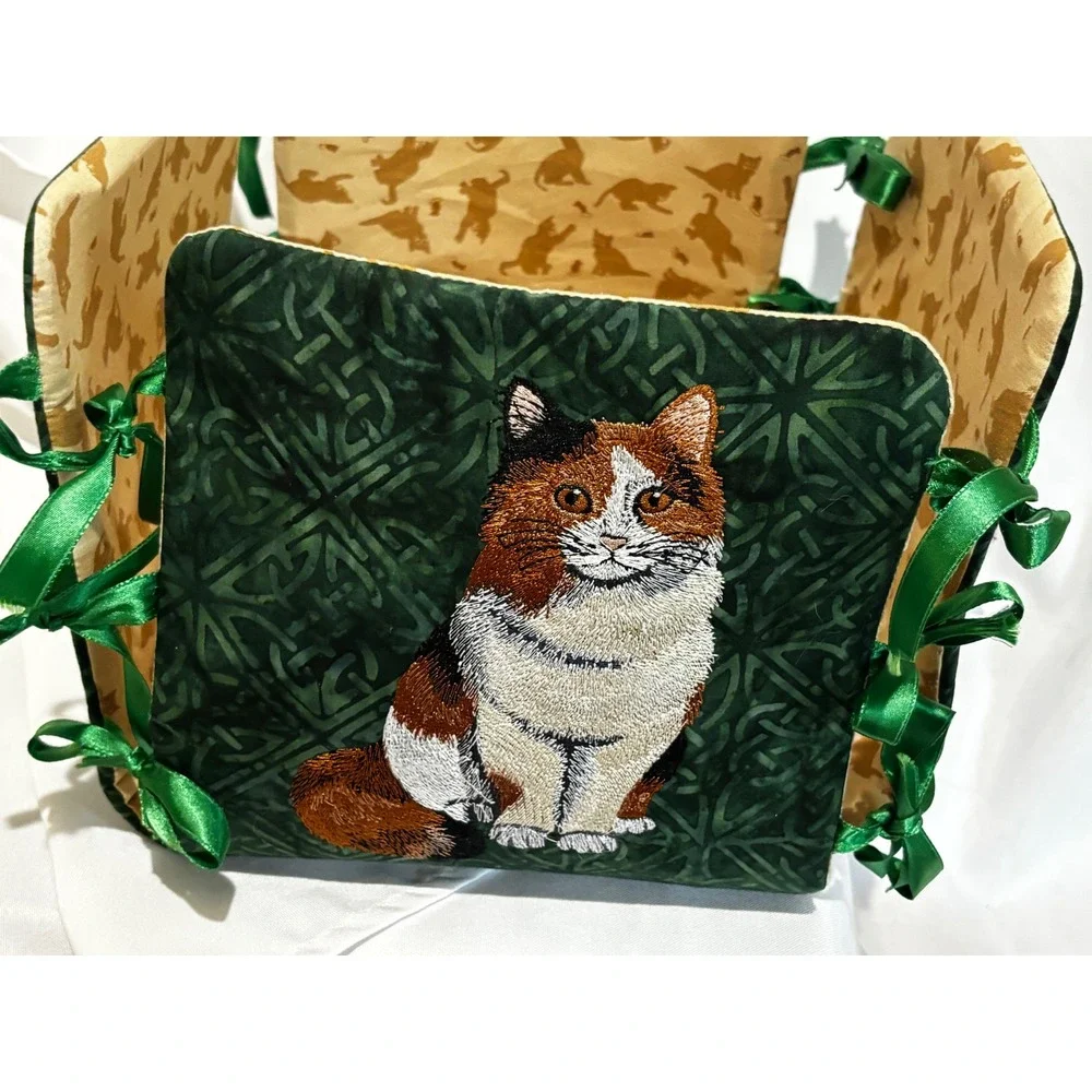 Handmade Embroidered Calico Tabby Kitten Cats Fabric Spoiled Toy Basket Ties 9x9